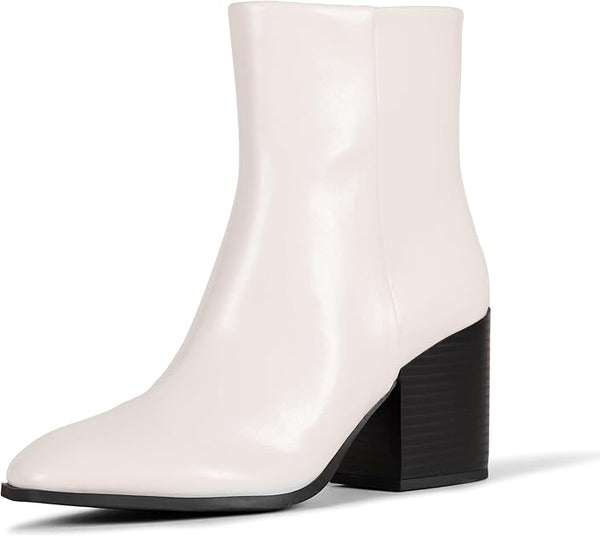 Women's Clean Stacked Heel Ankle Boots with Side Zipper, Memory Foam Insole, Flexible Non-Slip Outsole