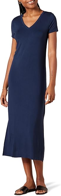Women's Stretchy Jersey V-Neck Short Sleeve Midi Length Dress