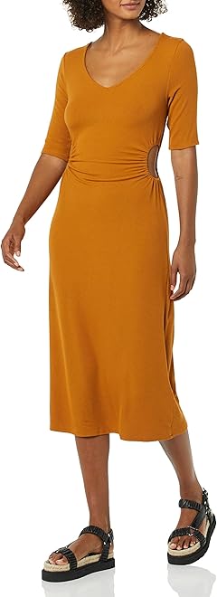 Women's Fine Rib V Neck Side Cut-Out Midi Dress (Previously Daily Ritual)