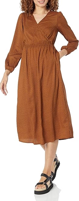 Women's Lightweight Georgette Long Sleeve V-Neck Midi Dress (Available in Plus Size)