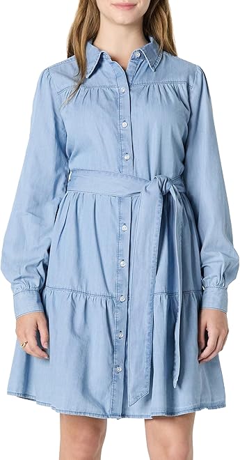 Women's Fit and Flare Denim Chambray Long-Sleeve Tiered Shirtdress